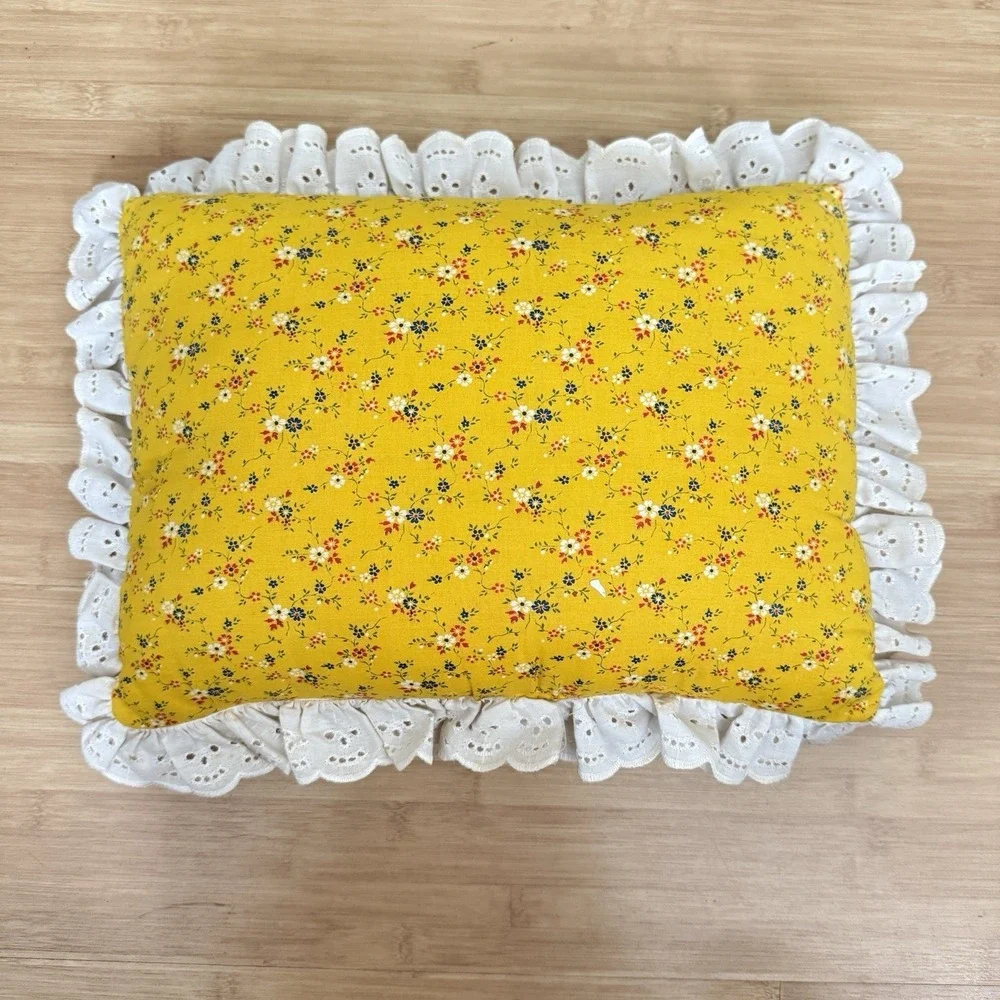 UCLA Floral Ruffle Pillow Cottage Yellow Blue Handmade Feminine